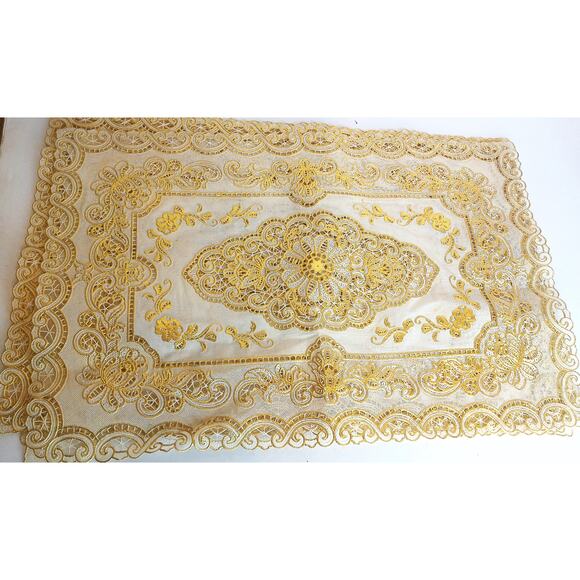 Unknown Other - Vintage Gilded Lace Vinyl Placemats Gold Floral Washable Table Mats Set of 6
